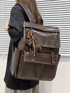 Sac à Dos Femme en Cuir PU Rétro Couleur Unie Surpiqûres Grande Capacité Sac d'École pour Collège Voyage Noir Marron
