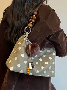Women Vintage Polka Dot Bucket Bag Wooden Bead Handle Niche Fashion Shoulder Bag Daily Commute Handbag With Plush Ball Pendant