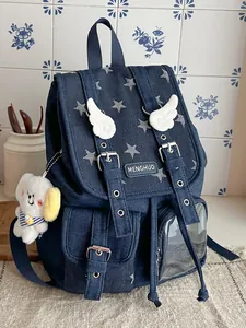 Stylish vintage navy denim star print backpack with cute angel wings and plush charm