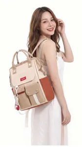 Stylish large capacity nylon backpack for women being worn by a model in white dress
