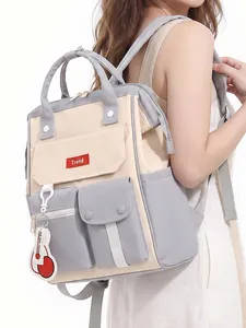Stylish large capacity nylon commuter backpack for women in beige and grey color block