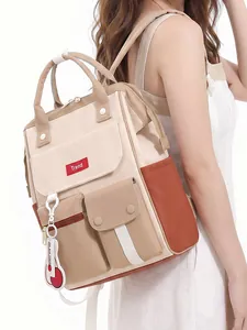 Large capacity beige nylon backpack for women, versatile commuting and school bag.