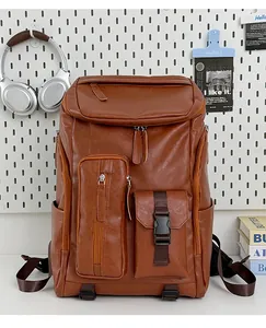 Front view of brown vintage leather large capacity backpack for commuting and school