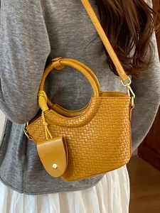 Sac Seau Tissé Vintage pour Femmes Sac à Bandoulière Retro en Cuir PU Avec Mini Pochette Couleur Unie Mode