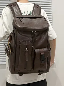 Vintage dark brown large capacity faux leather backpack for daily commute and travel