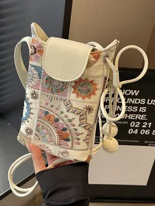 Petit Sac Seau Style Chinois Moderne pour Femmes en Cuir PU Brodée Sac Bandoulière Sac à Main Ethnique Floral