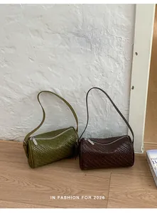 Stylish vintage woven cylinder shoulder bags in olive green and dark brown faux leather