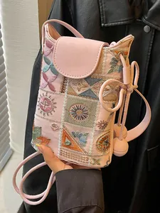 Mini sac seau brodé rose de style nouveau chinois pour femme avec motifs floraux