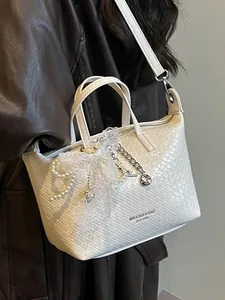 Large capacity white woven tote bag with pearl and lace charm for women