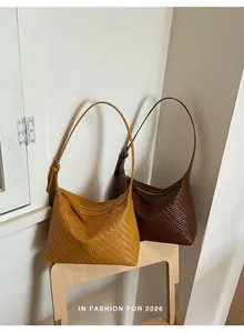 Woven texture hobo shoulder bags in mustard yellow and dark brown colors