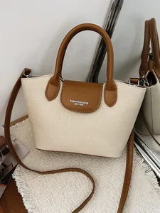 Retro PU Leather Women Handbag Contrast Color Tote Bag Fashion Commute Top Handle Crossbody Bag With Flower Accessory