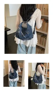 Vielseitiger blauer Denim-Rucksack für Damen mit großem Fassungsvermögen im Detail