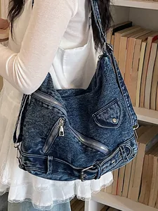 Sac à Dos Biker en Denim Rétro pour Femmes Grande Capacité Sac à Main en Jeans Lavé Sac à Épaule Multifonctionnel Avec Boucle