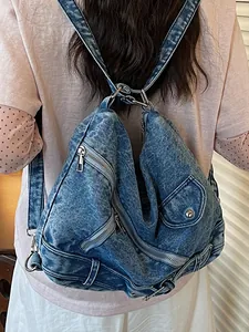 Sac à dos décontracté en denim bleu chic pour femme, grande capacité, style motard