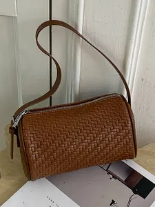 Stylish retro brown woven texture cylindrical shoulder bag for women fashion accessory