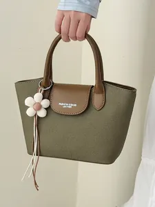 Olive green retro women handbag with flower charm, stylish summer commuter tote bag