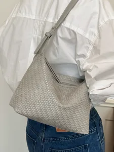 Elegant minimalist grey woven underarm shoulder bag for women commuting summer style