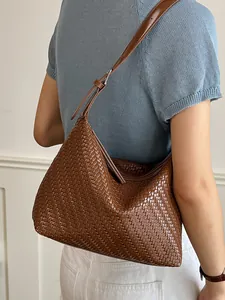Elegant brown woven texture underarm shoulder bag for women, chic hobo style design