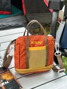 Fashionable lightweight orange grid fabric tote bag for women featuring yellow mesh pocket