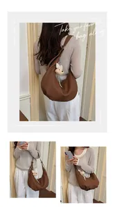 Brown pleated hobo bag with a plush bear charm shown from multiple wearing angles.