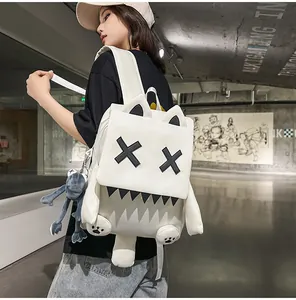 Detailed view of white cartoon monster backpack worn by a model in an urban setting.