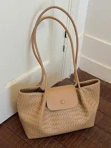 Large capacity woven tote bag with shoulder straps in beige for summer commuting