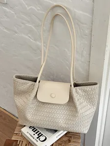 Elegant beige woven leather tote bag for women, large capacity shoulder bag for commuting