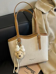 Women Large Capacity PU Leather Tote Bag Minimalist Commuter Shoulder Bag With Cute Teddy Bear Charm Fashion Bag