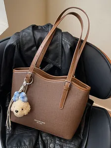 Large capacity brown tote bag for women with texture and cute bear pendant charm