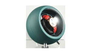 Detailed view of spherical green automatic watch winder with transparent window.