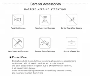 Guía de cuidado para joyas de acero inoxidable con iconos representativos.