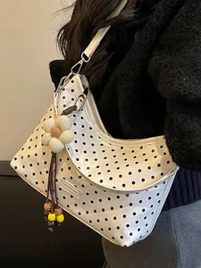 Women Korean Style PU Leather Polka Dot Bucket Bag Small Single Shoulder Crossbody Handbag With Flower Charm Summer Fashion Commuter Pouch