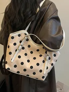 Bolso tote retro de lona con lunares negros y gran capacidad para el transporte diario