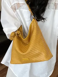 Stylish yellow woven shoulder bag for women, large capacity casual tote handbag