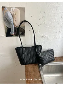 Large capacity retro black woven tote bag set with matching inner zipper pouch