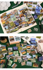 Detailed macro shot of vintage Van Gogh oil painting stickers for artistic bullet journal DIY.