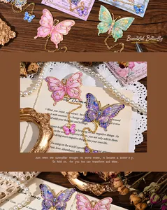 Detailed view of exquisite metal butterfly bookmarks with enamel patterns and chains