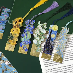 Vintage Metall Hohl Lesezeichen Van Gogh Ölgemälde Kunst Briefpapier Geschenk mit Quaste Sonnenblume Sternennacht Lesezeichen