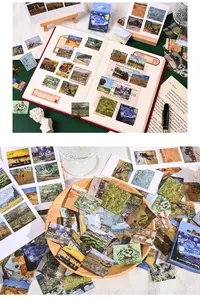Detailed view of vintage Van Gogh oil painting stickers used for DIY journaling decor.