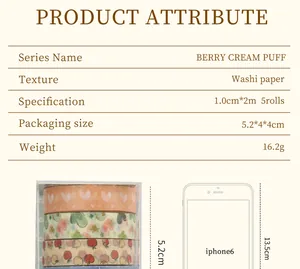 Detailed specifications for BERRY CREAM PUFF Washi tape set with size comparison
