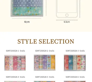 Detailed view of the style selection and dimensions for 5-roll cute washi tape sets.