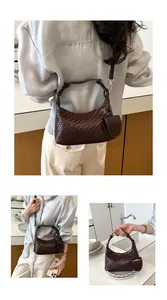 Collage showing detailed views of a dark brown woven shoulder bag in daily use