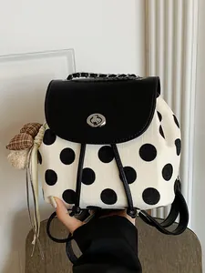 Damen Koreanischer Stil Polka Dot Segeltuch Rucksack Mini Mode Schultasche Mit Bären Anhänger PU Leder Klappe Drehverschluss Metallkette Gurt Reiserucksack