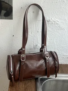 Vintage PU Leather Pillow Bag For Women Minimalist Cylindrical Shoulder Bag Elegant Underarm Commuter Bag Versatile Daily Handbag