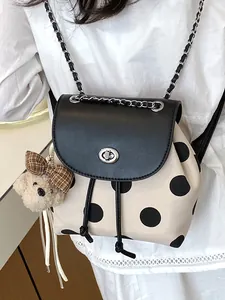 Rucksack im koreanischen Stil für Damen mit Punktmuster, Kettenträgern und Bärenanhänger