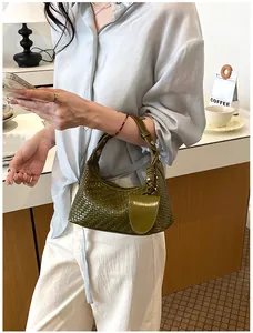 Detailed view of a fashionable olive green woven dumpling handbag for women in summer