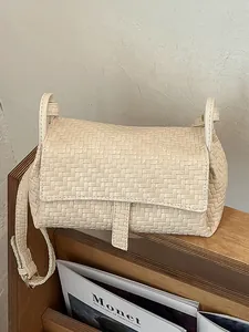 Elegante borsa a tracolla intrecciata color crema, mini borsa per cellulare chic