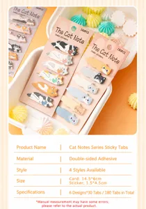 Spécifications des autocollants d'index de chat mignon, tailles et détails de 180 feuilles