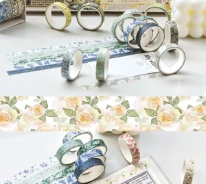 Close-up of vintage floral pattern washi tapes for romantic DIY scrapbooking decoration