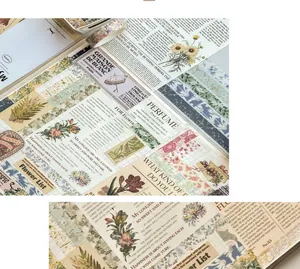 Macro shot of vintage floral washi tape and stickers in a creative scrapbook journal.